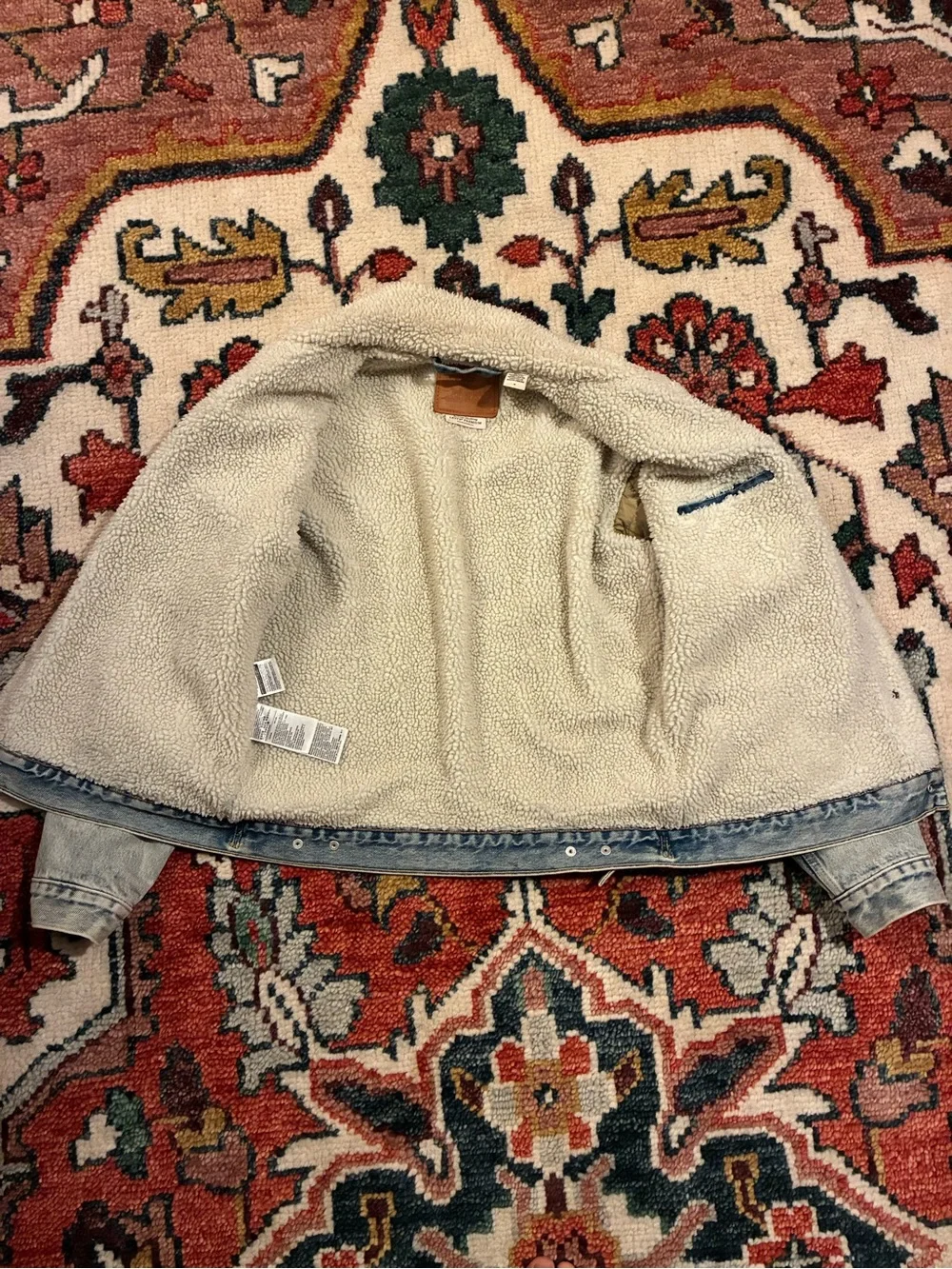 Levi's Cream Sherpa Jacket with Light Blue Denim Accents and Brown Leather Patch
